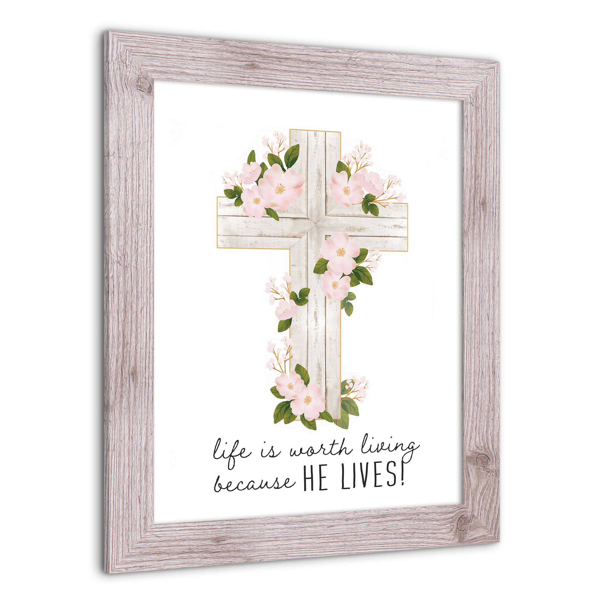 He Lives Floral Cross 16" x 20" Western White Framed Print